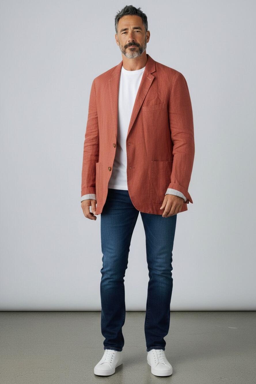 XL Men Rust Terracotta 2-Button Sport Coat 100% Linen Blazer Report Collection